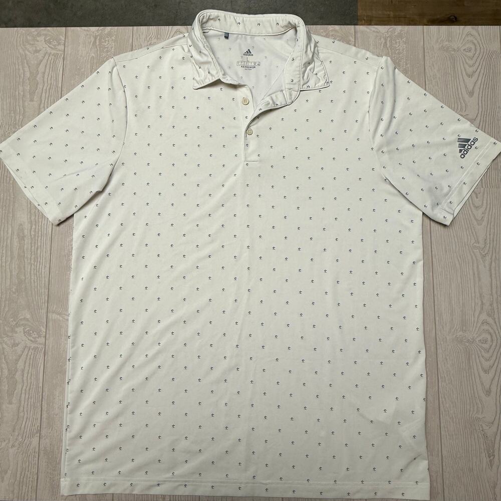 Adidas Men’s L Primegreen Golf Polo White Gray Palm Tree Print Performance